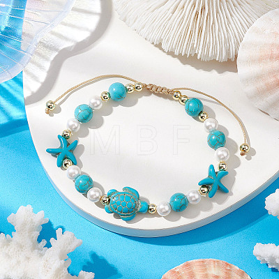 Starfish & Turtle Synthetic Turquoise Braided Bead Bracelets BJEW-JB11047-01-1