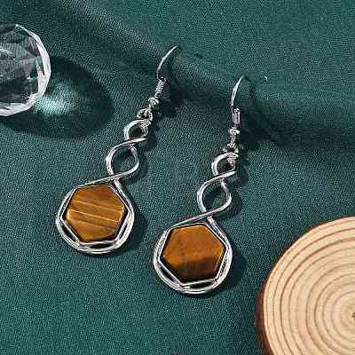 Hexagon Natural Tiger Eye Dangle Earrings EJEW-K298-01P-12-1