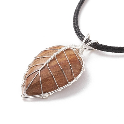 Natural Picture Jasper Leaf Cage Pendant Necklace with Waxed Cords NJEW-TA00035-04-1