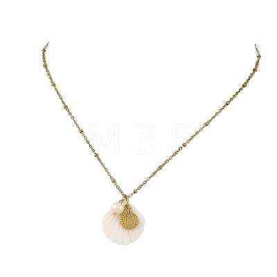 Summer Beach Natural Carved White Shell & 304 Stainless Steel Sea Animals Pendant Satellite Chain Necklaces NJEW-JN06505-1