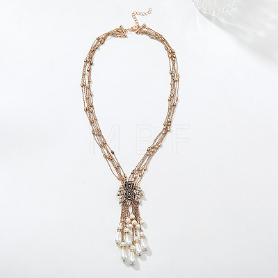 Alloy Rose Flower Multi-Strand Necklaces with Imitation Pearl Teardrop Tassel for Women WG55FA1-01-1