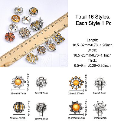 16Pcs 16 Style Alloy Rhinestone Snap Buttons BUTT-CA0001-11-1