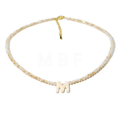 Natural White Shell Letter Faceted Glass Beaded Necklaces with 304 Stainless Steel End Chains SS7282-12-1