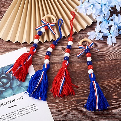 Crafans 4Pcs 2 Style Independence Day Theme Wooden Ring & Woolen Yarn Tassels Pendant Decorations HJEW-CF0001-20-1