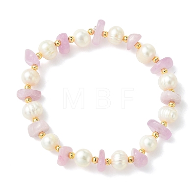 Natural Kunzite Chips & Round Cultured Freshwater Pearl Beaded Bracelets for Women BJEW-JB14004-1
