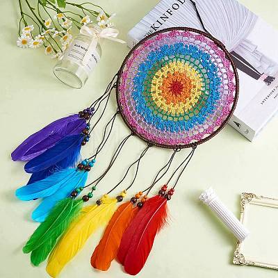 Indian Style Woven Net/Web with Feather Pendant Decoration HJEW-SZ0001-30-1
