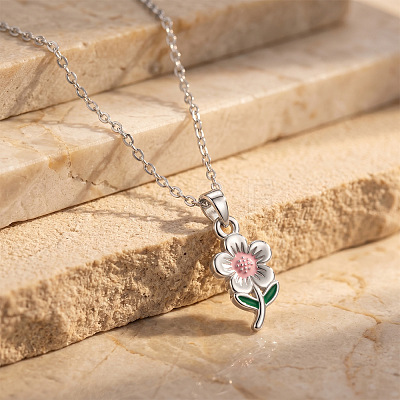 304 Stainless Steel Enamel Pink Flower Pendant Necklaces for Women WGD8704-01-1