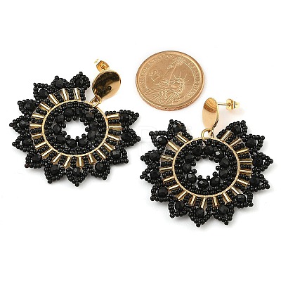 304 Stainless Steel & Bohemian Beaded Flower Dangle Stud Earrings for Women EJEW-R001-04A-1