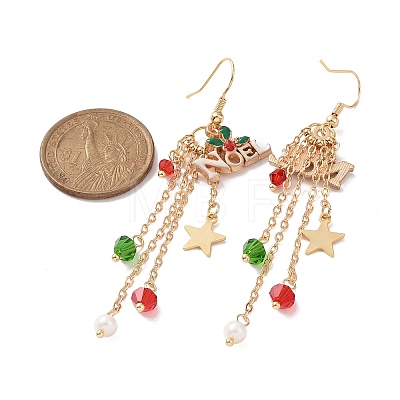 Word Noel Alloy Enamel & Glass Beads Dangle Earrings EJEW-TA00229-1