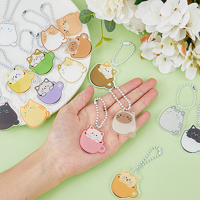 HOBBIESAY 16 Sets 16 Style Cartoon Cute Cat Animal  Acrylic Pendant Decoration with Iron Ball Chain HJEW-HY0001-06-1