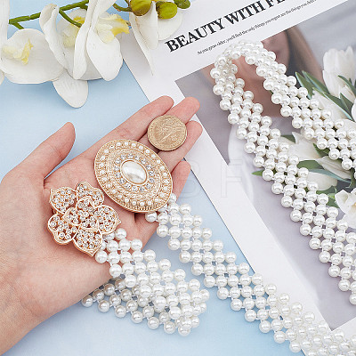 2Pcs 2 Style ABS Plastic Pearl Braided Stretch Chain Belts with Alloy Oval Clasp AJEW-CP0001-65-1