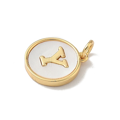 Brass Pave Natural Shell Flat Round with Letter Charms KK-Z115-13G-Y-1
