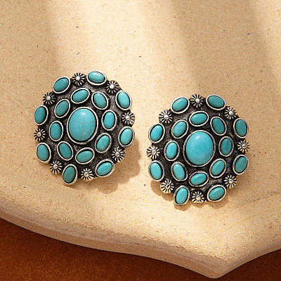 Bohemian Style Alloy & Synthetic Turquoise Stud Earrings FS-WG84B64-03-1