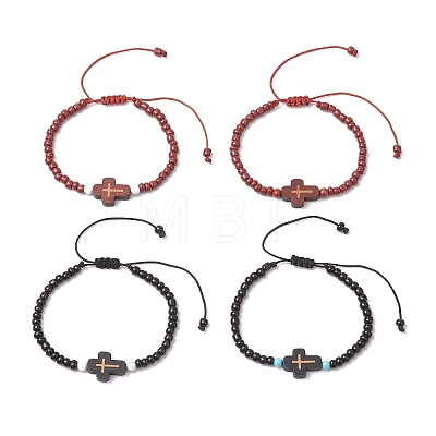 4Pcs Cross Glass Seed Beads with Natural Wood Beads & Red Jasper Beads & Magnesite Beads & Howlite Round Beads Braided Bead Bracelets for Women BJEW-JB11898-1