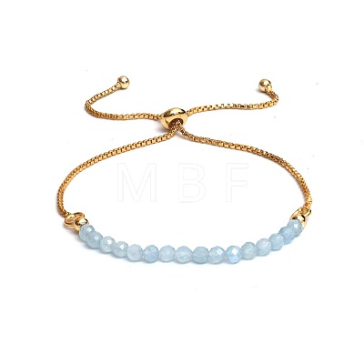 Natural Aquamarine Faceted Round Beaded Adjustable Brass Box Chain Slider Bracelets for Women QE7421-7-1