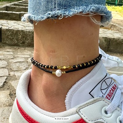 Bohemian Style Plastic Pearl & Brass Cube & Glass Seed Beaded 2-Strand Anklets FS-WG67DAF-01-1