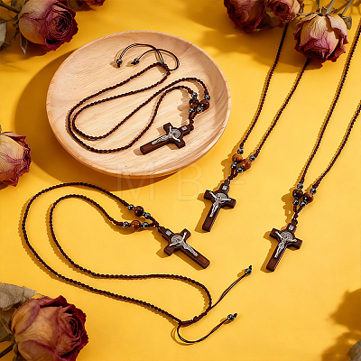 4Pcs Natural Tiger Eye Round Bead & Synthetic Hematite Bead & Wood Cross Pendant Necklaces NJEW-HY00003-1