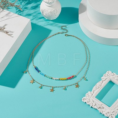 Brass Star Charms Double Layer Necklace with Colorful Glass Beaded for Women NJEW-TA00050-1