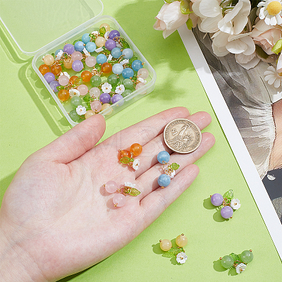 36Pcs 6 Styles Dyed Natural Malaysia Jade & Yellow Jade & Dyed Green Jade & Topaz Jade & White Jade Round Pendants with Resin Flower and Acrylic Leaf HJEW-BM0001-36-1