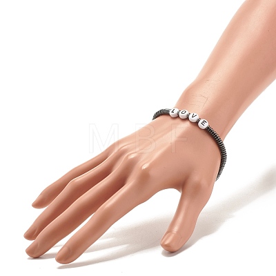 Synthetic Hematite Heishi Beaded Stretch Bracelet with Word Love BJEW-JB07570-1