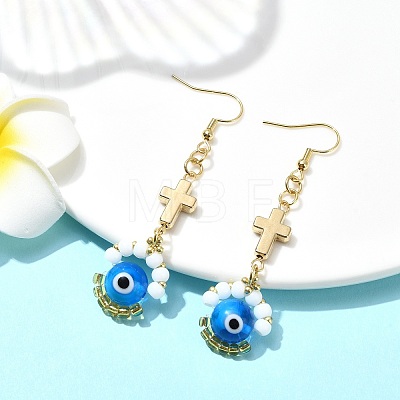 Handmade Seed Evil Eye & Cross Dangle Earrings EJEW-MZ00227-01-1