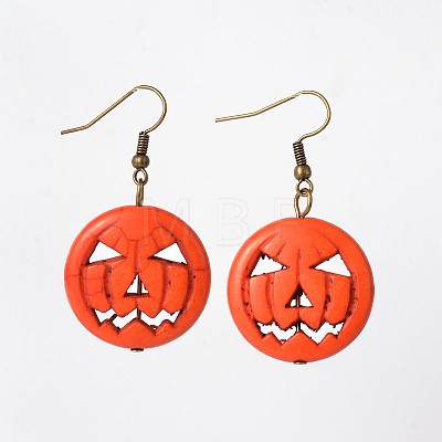 Halloween Pumpkin Jack-O'-Lantern Jack o Lantern Synthetic Turquoise Dangle Earrings X-EJEW-JE01571-02-1