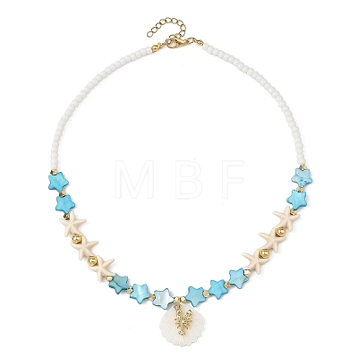 Summer Beach Carved Natural Freshwater Shell and Alloy Shrimp Pendant Starfish Dyed Synthetic Turquoise & Glass Beaded Necklaces for Women NJEW-JN06506-02-1