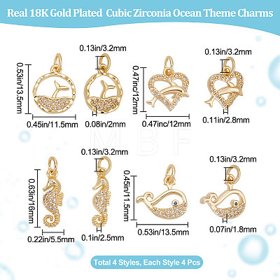 16Pcs 4 Style Ocean Theme Brass Micro Pave Clear Cubic Zirconia Charms KK-BBC0007-26-1