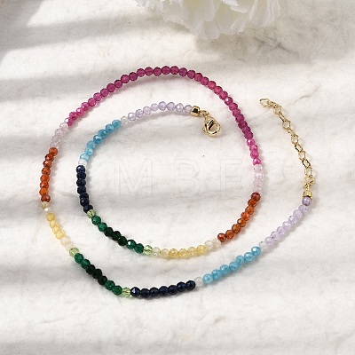 7 Chakra Faceted Round Cubic Zirconia Beaded Necklaces with Brass End Chains for Women NJEW-L014-05G-1