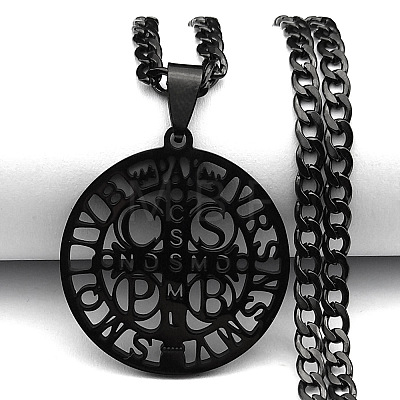 201 Stainless Steel Saint Benedict Medal Pendant Necklaces with Cuban Link Chains for Men FS-WG2A1DE-03-1