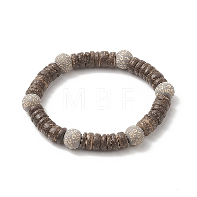 Painted Natural Wood & Coconut Beaded Stretch Bracelet for Men Women BJEW-JB09318-1