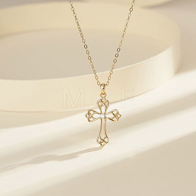 925 Sterling Silver Pave Clear Cubic Zirconia Knot Cross Pendant Necklaces for Women NJEW-F323-02G-1