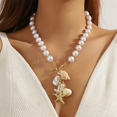 Alloy & Plastic Pearl & Natural Shell Pendant Necklaces FS-WG9F39A-09-1