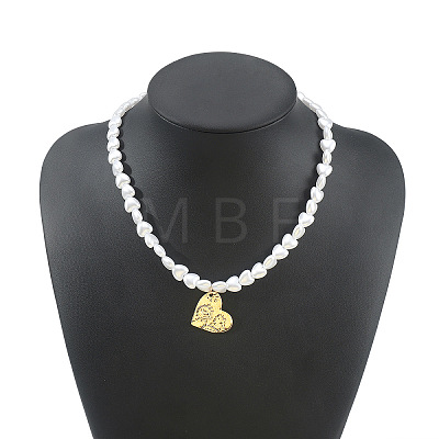Alloy Textured Pendant White Plastic Pearl Heart Beaded Necklaces WGD8EA0-02-1