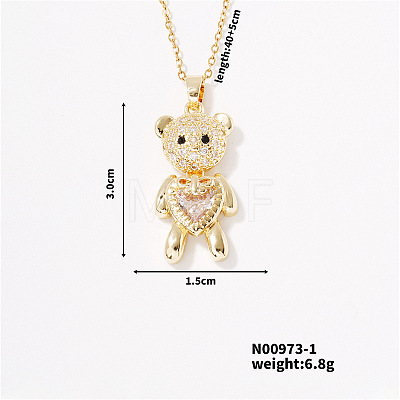 Fashionable Brass Pave Light Peach Rhinestone Cable Chain Heart Bear Pendant Necklaces for Women XK4018-1-1