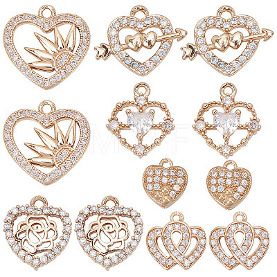 12Pcs 6 Style Valentine's Day Brass Micro Pave Cubic Zirconia Pendants KK-SC0003-16-1