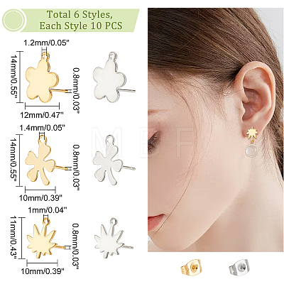60Pcs 6 Style 304 Stainless Steel Stud Earring Findings STAS-DC0010-20-1