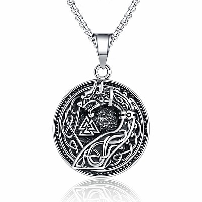 Vintage 304 Stainless Steel Viking Flat Round with Embossed Dragon Pendant Necklaces for Men WG12A6F-01-1