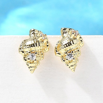 Conch Shape Brass Micro Pave Cubic Zirconia Ear Studs EJEW-D304-32G-1