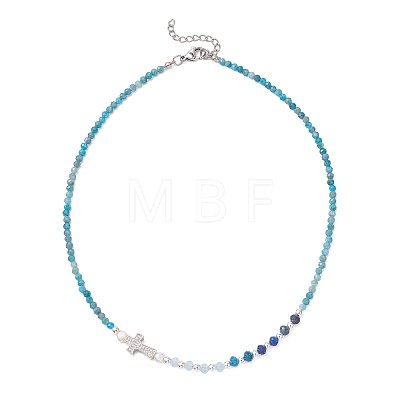 Natural Mixed Stone Faceted Round and Dyed Malaysia Jade & Pearl Beaded Necklaces with Brass Micro Pave Clear Cubic Zirconia Cross NJEW-JN05975-1