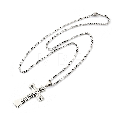 304 Stainless Steel Clear Cubic Zirconia Religion Cross Pendant Box Chain Necklaces for Men NJEW-S387-06P-1