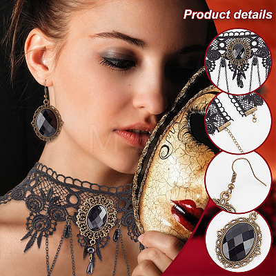   Resin Oval Pendant Dangle Earrings and Lace Choker Necklaces AJEW-PH0004-17-1
