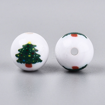 Christmas Printed Opaque Acrylic Round Beads OACR-T029-08F-1