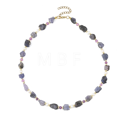 Raw Rough Natural Tanzanite & Faceted Rondelle Dyed Purple Malaysia Jade & Pearl Beaded Necklaces for Women NJEW-JN06589-1