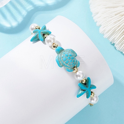 Synthetic Turquoise & Shell Pearl Beaded Link Bracelets BJEW-JB13807-01-1