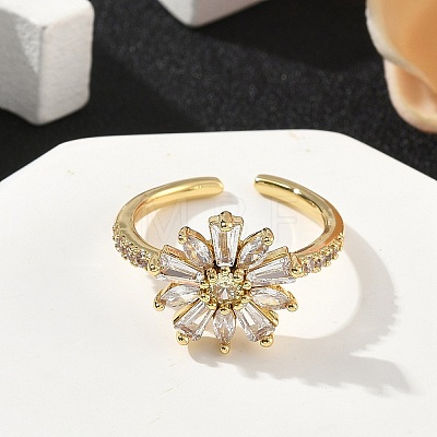 Flower Brass Micro Pave Cubic Zirconia Cuff Rings for Women RJEW-A069-01A-G-1