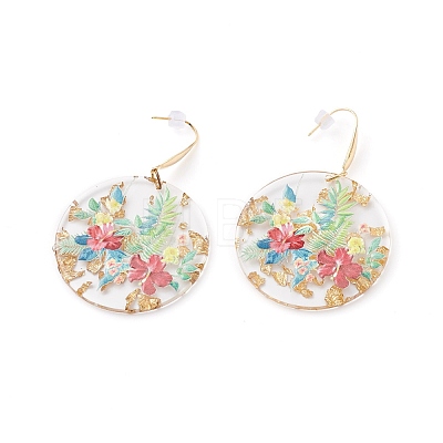 Transparent Epoxy Resin Flat Round with 3D Printed Flower Pattern Dangle Earrings EJEW-JE04580-1