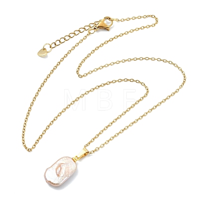 Natural Baroque Keshi Pearl Rectangle Pendant 304 Stainless Steel Cable Chain Necklaces for Women NJEW-JN06136-1