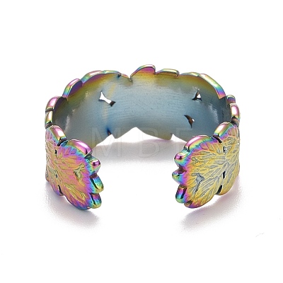 Rainbow Color Ion Plating(IP) 304 Stainless Steel Leaf Open Cuff Ring for Women RJEW-A005-16-1