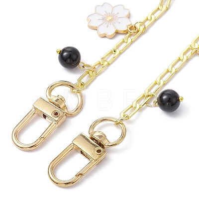 Flower & Star Alloy Enamel Charm Purse Chains with Natural Black Agate & Swivel Clasps AJEW-BA00116-01-1